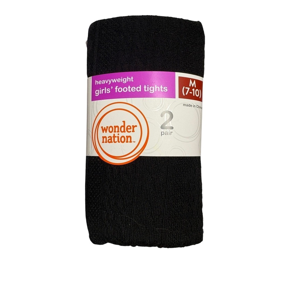 Wonder Nation Girls Heavyweight Footed Tights 2 Pack Black Red Cable Size M 7-10